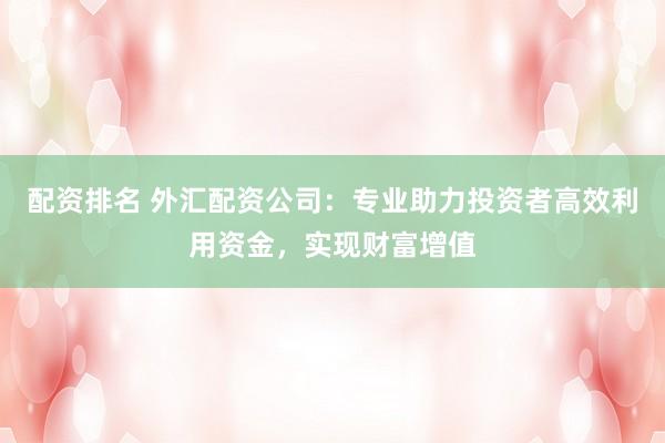 配资排名 外汇配资公司：专业助力投资者高效利用资金，实现财富增值